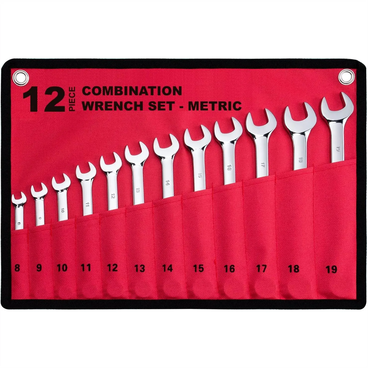 

12-Piece Metric Combination Wrench Set in Roll-up Pouch, 8mm-19mm, Chrome Vanadium Steel with Mirror Finish for Household Garage