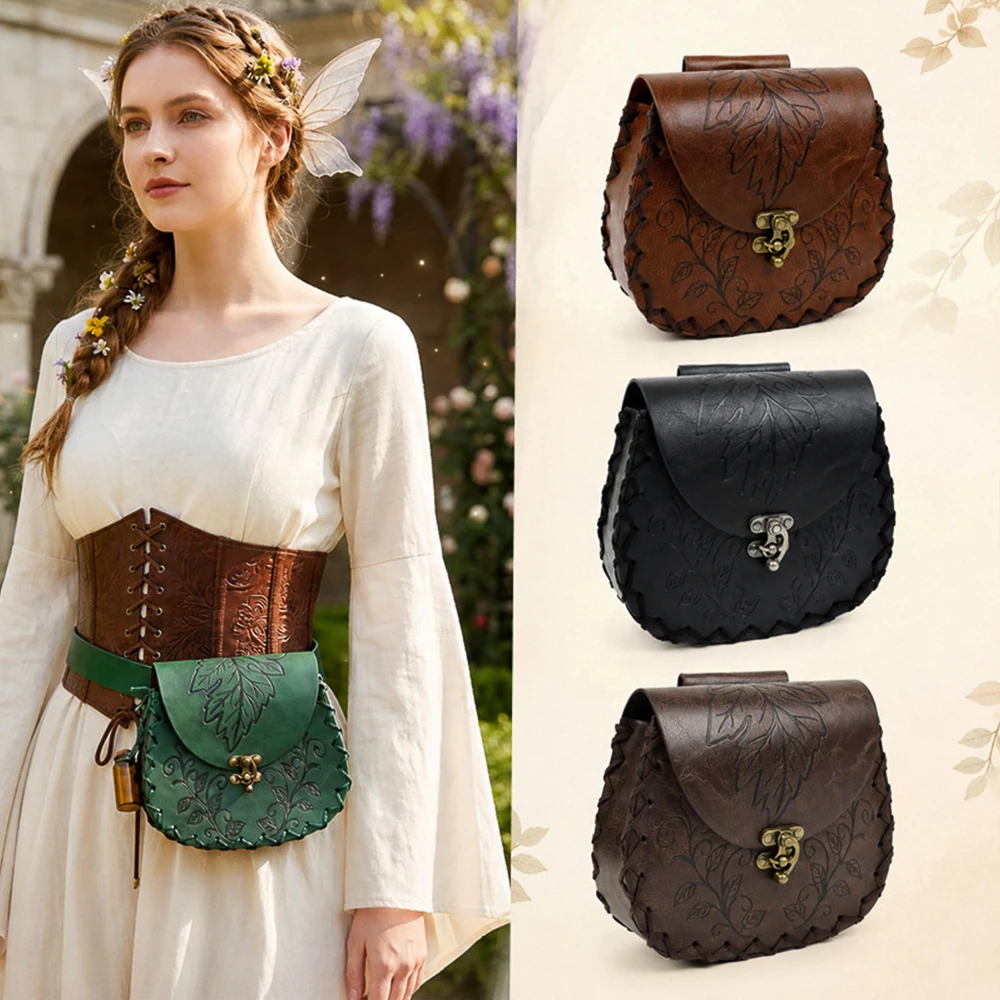 Vintage Leaf Embossed Leather Waist Pouch, Medieval Hand Woven Belt Bag for Renaissance LARP Cosplay