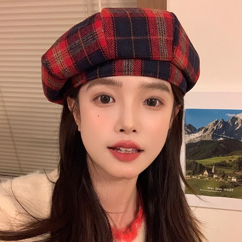 Ins Korean Retro Red Plaid Berets Caps for Women Autumn and Winter Fashion Niche Design Versatile Atmosphere Octagonal Hats