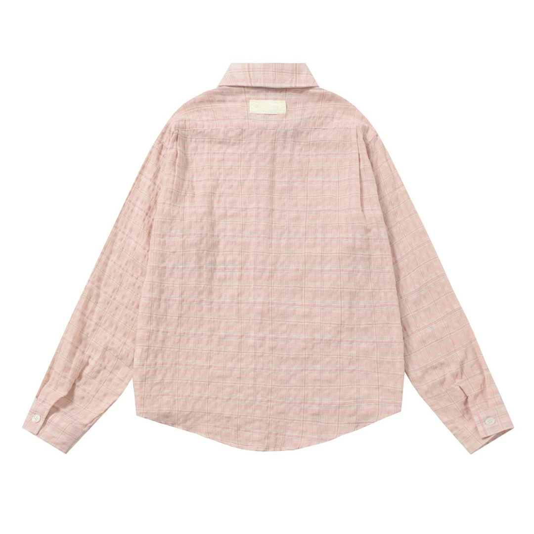 Pink Plaid Crinkle Texture Long Sleeve Shirt Unisex Loose Fit Casual Check Button Down Blouse