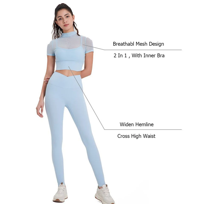 Two Pieces Fitness Yoga Set Sexy Mesh Short Sleeve Top Buttery Soft Leggings Gym Suit Outdoor Running Sportswear Workout Clothes