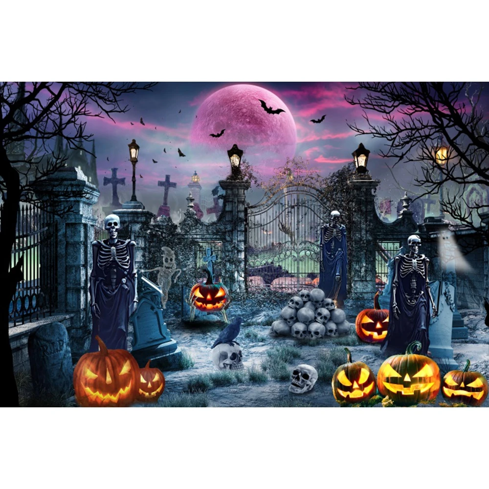 Halloween Backdrop Horror Forest Full Moon Night Scary Castle Pumpkin Witch Cemetery Kids Portrait Photography Background Decor