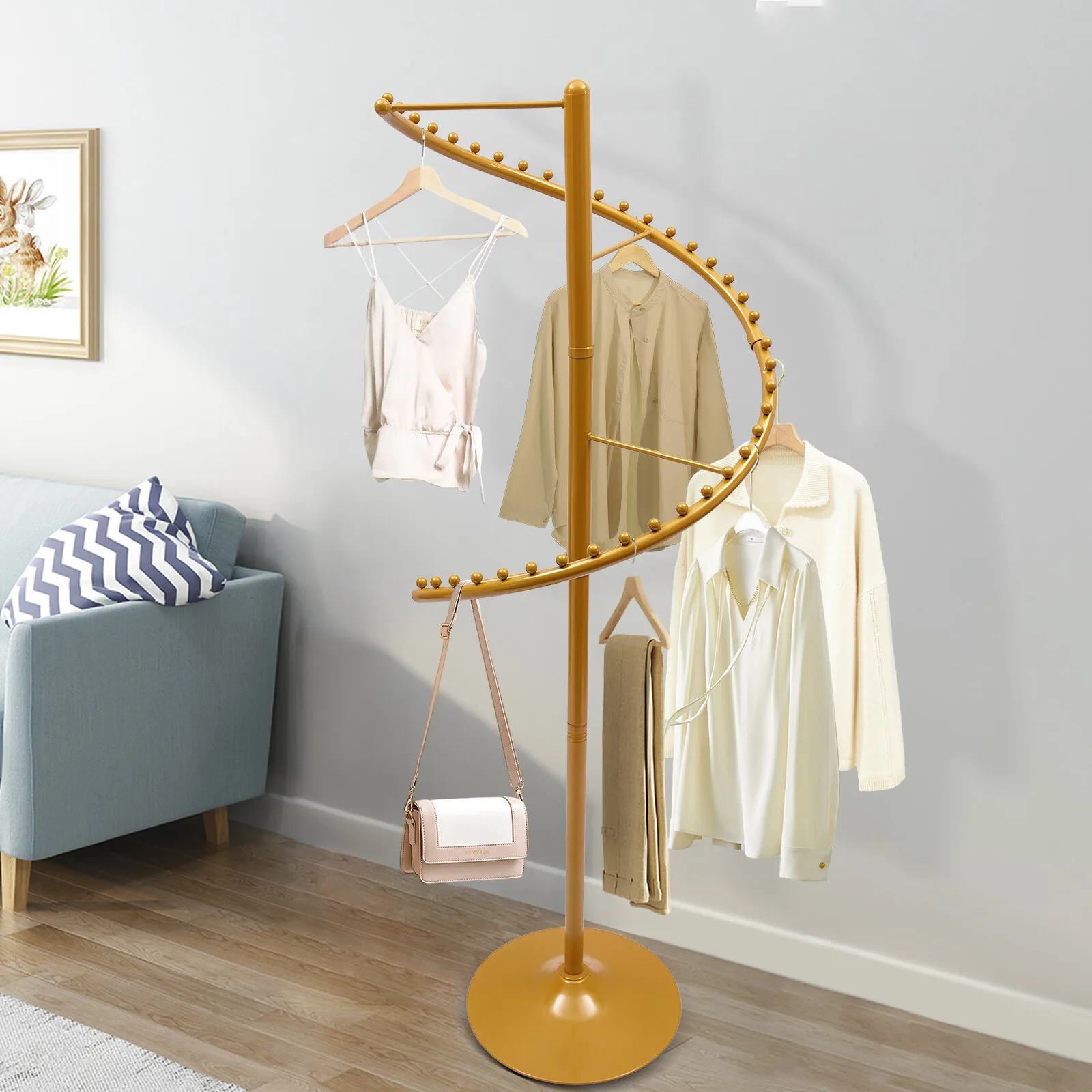 Modern Spiral Rotating Clothing Rack, Free Standing Heavy Duty Garment Rack Gold with Round Base Dividing Bars for Boutique or Showroom Commercial-grade Drying Rack