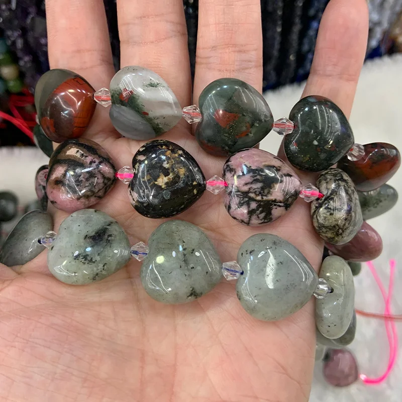 20mm Natural Blood Jasper Labradorite Rhodonite Stone Beads 15'' Heart Shape Beads for Jewelry Making Findings DIY Necklace