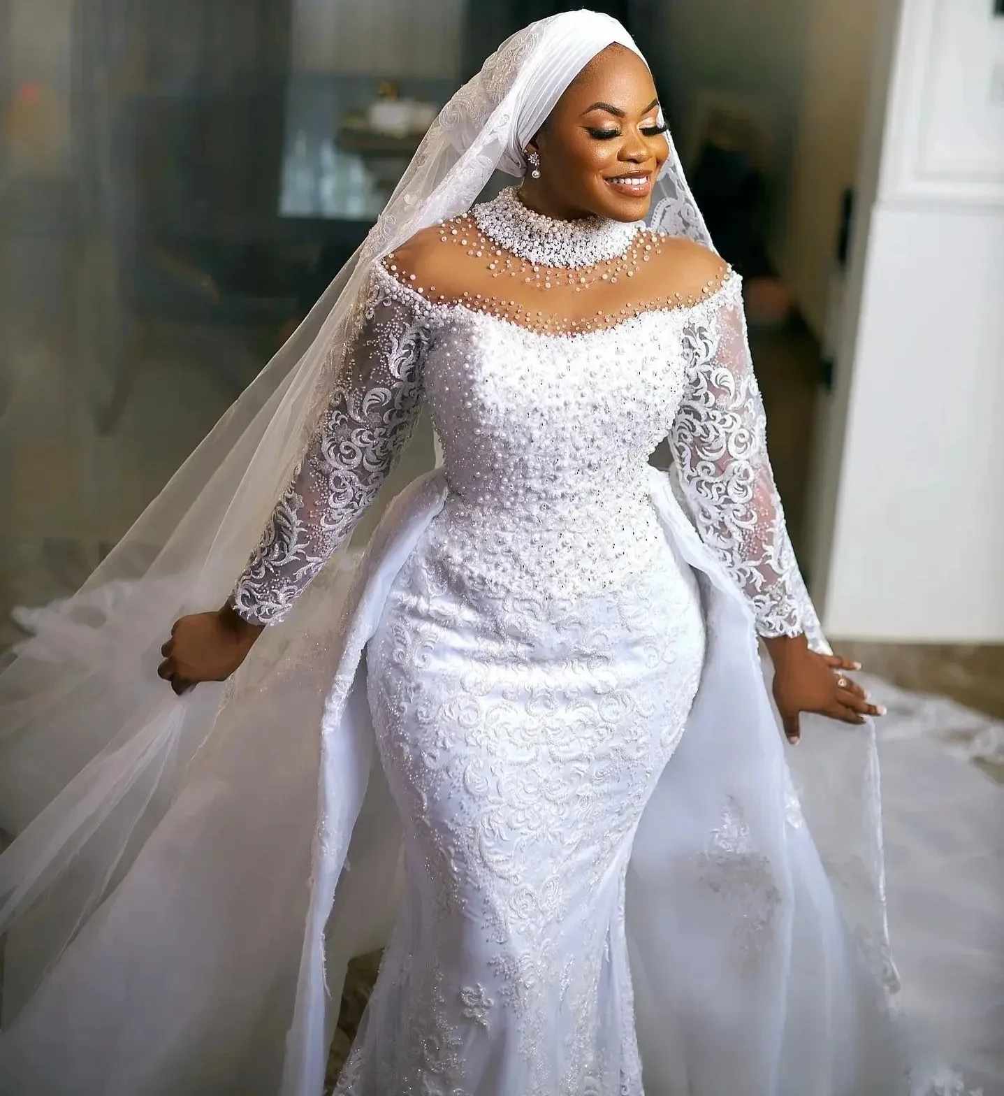 

Plus Size Arabic African Wedding Dress Detachable Train High Neck Sequins Beads Lace Appliques Mermaid Bridal Gowns Vestidos De
