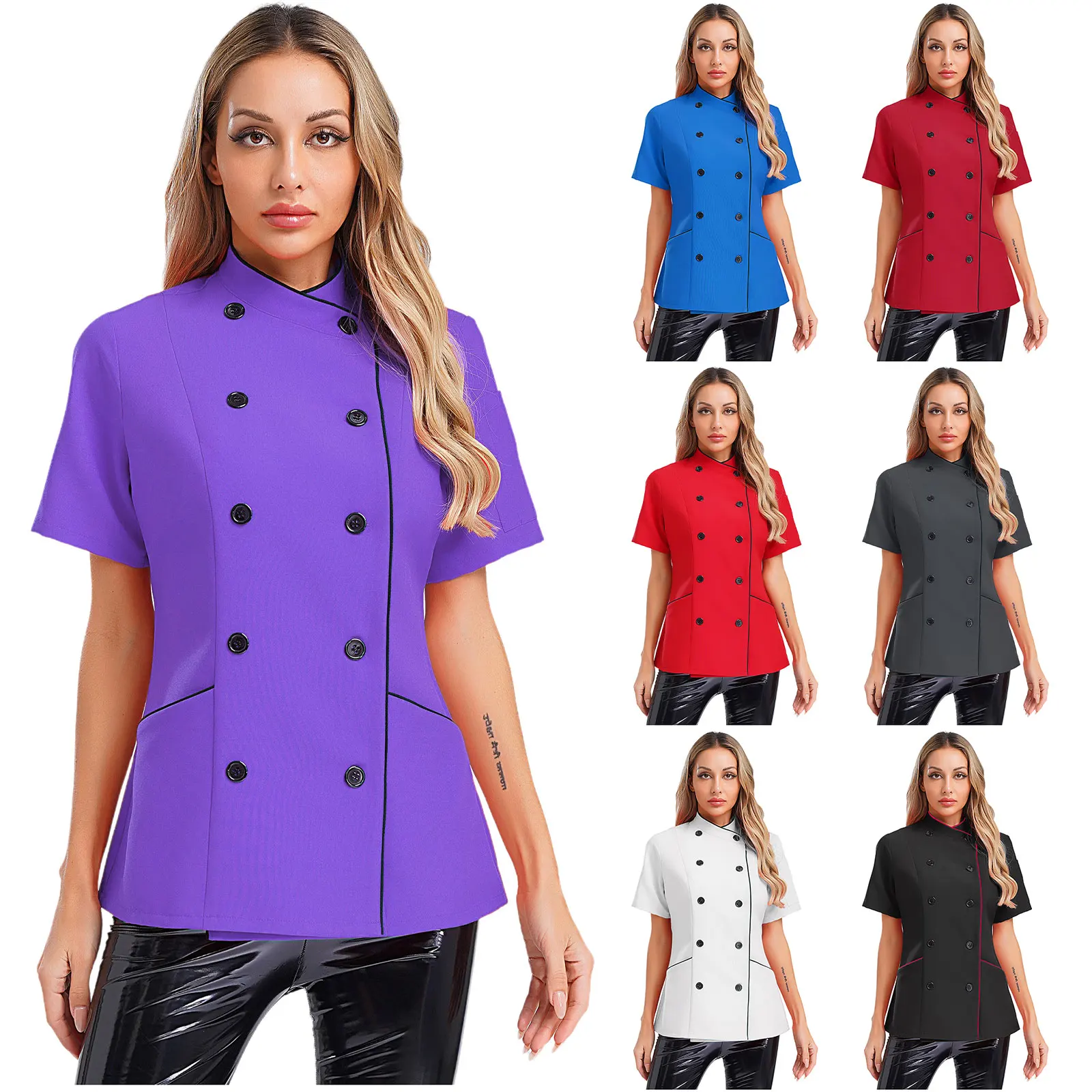 Abrigo de Chef de manga corta para mujer, chaqueta cruzada con doble botonadura, camisas de cocina para cocina, restaurante, Hotel, uniforme de trabajo