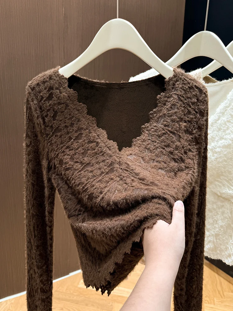 

Женская базовая кофта с V-образным вырезом и кружевными вставками, на флисовой подкладке, осенне-зимняя, модная, для ношения под одеждой