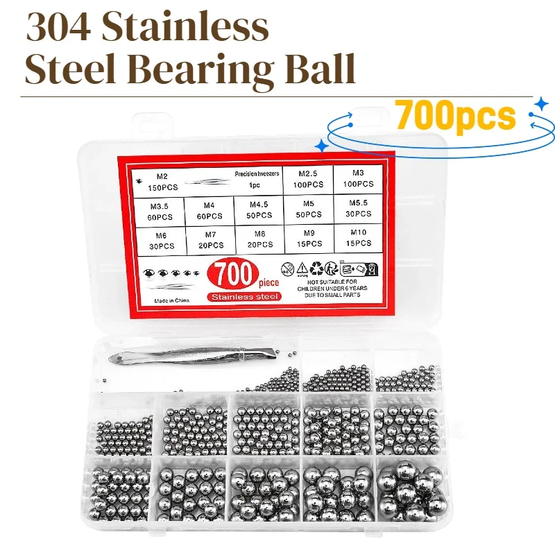 

700 шт., прецизионный шарик подшипника из нержавеющей стали 304, набор из нержавеющей стали, твердый шарик из нержавеющей стали 304, диаметр 1-10 мм, M2-M10