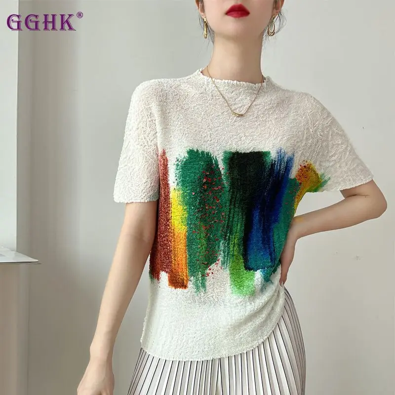 GGHK Pleated Women Casual T-Shirt Round Neck Short Sleeve Geometric Pattern Loose Plus Size Design Fashion Classic Female Tops