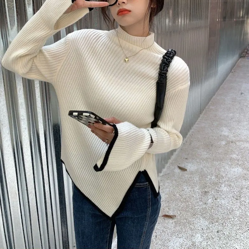 

Stylish Asymmetrical Split T-shirt Autumn Winter Contrasting Colors Female Clothing Casual Half High Collar Knitted Pullovers