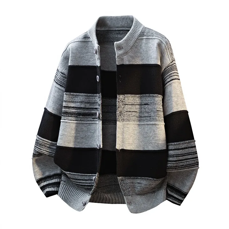 가을 겨울 스탠드 칼라 루즈 스웨터 남성 코트 버튼 긴팔 가디건 배색 패션 상의