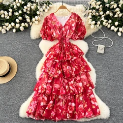 French series V-neck floral sweet dress women's summer waist cinching thin temperament chiffon resort dresses