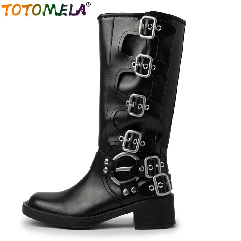 TOTOMELA New Genuine Leather Boots Women Punk Buckle Knee High Boots Square Heels Black Brown Autumn Winter  Motorcycle Boots