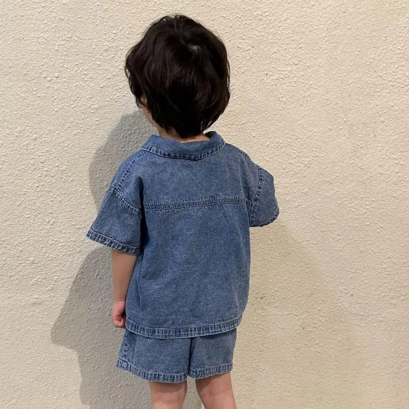 Summer Denim Set Turn-down Collar T-shirt Simple Shorts Jeans Girls\' Dresses Sibling Outfits Casual Dresses For Children Girls