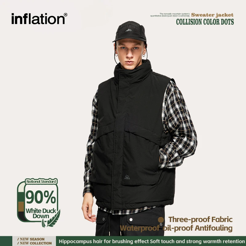 INFLATION Plain Windproof Down Vest Men Stand Collar 90% White Duck Puffer Sleeveless Jacket Male Warm Outerwear