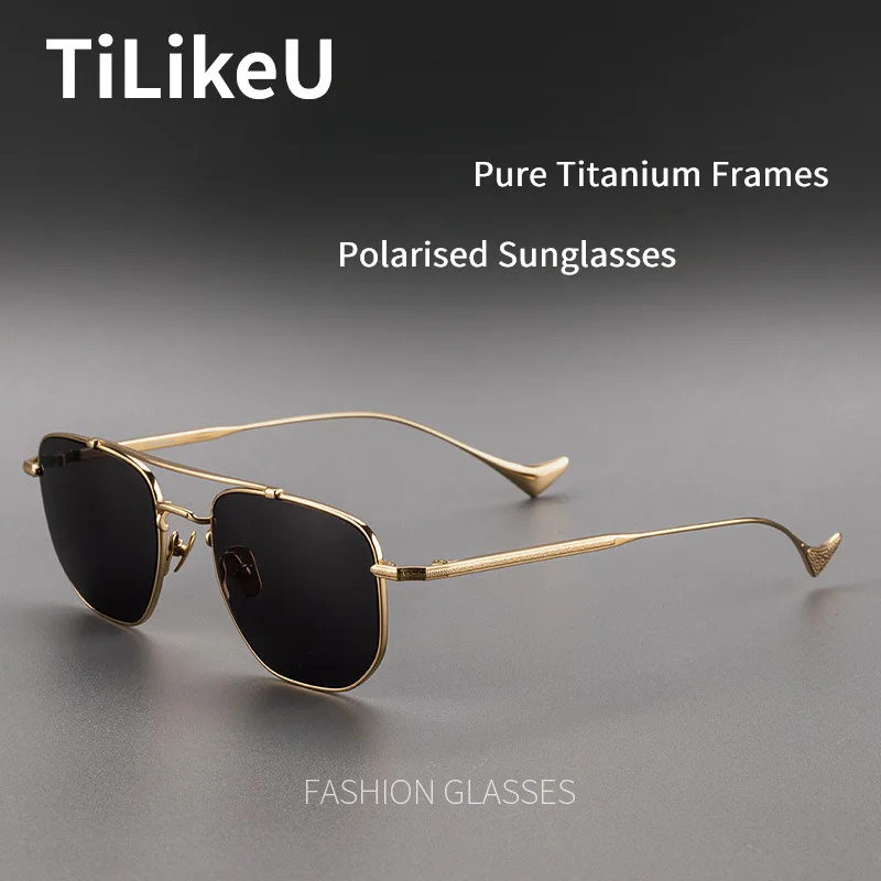 

Vintage Pure Titanium Polarized Sunglasses for Men Classic Double Beam Aviator Square Shades UV400 Outdoor Fishing Sun Glasses