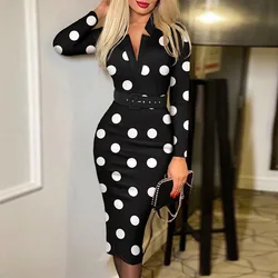 Elegant Polka Dot Print Bodycon Dresses for Women V-Cut Long Sleeve High Waist Belt Office Bodycon Dress Fashion Party Vestidos