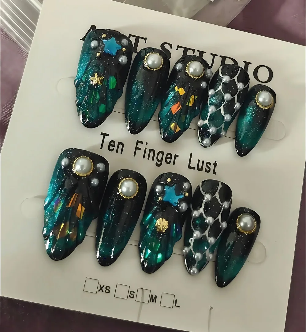 10 pçs pressionando em unhas em forma de amêndoa grandes strass picante menina weet e estilo legal artesanal destacável wearable unhas falsas arte