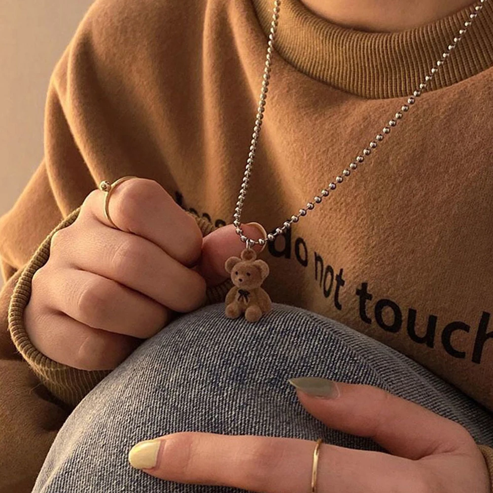 SUMENG 2024 New Korean Fashion Cute Plush Bear Pendant Necklace For Girl Women  Long Sweater Chain  Collar Jewelry