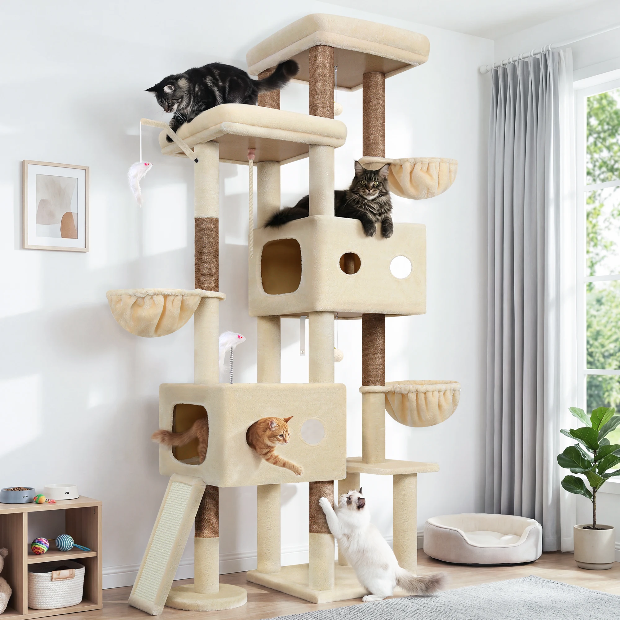 Globlazer 81” Cat Climbing Tower for Large Adult Cats, Heavy Duty Cat Tree with 2 Condos, 3 Hammocks, Sisal Scratching Board