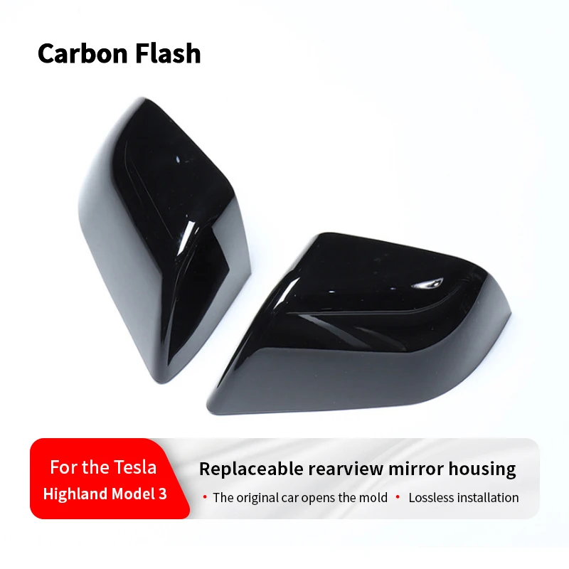 Carbon Flash for Tesla 2021-2025 Model 3 Bright Black Rearview Mirror Cover Side Mirror Shells Add on Frame Replacement Case