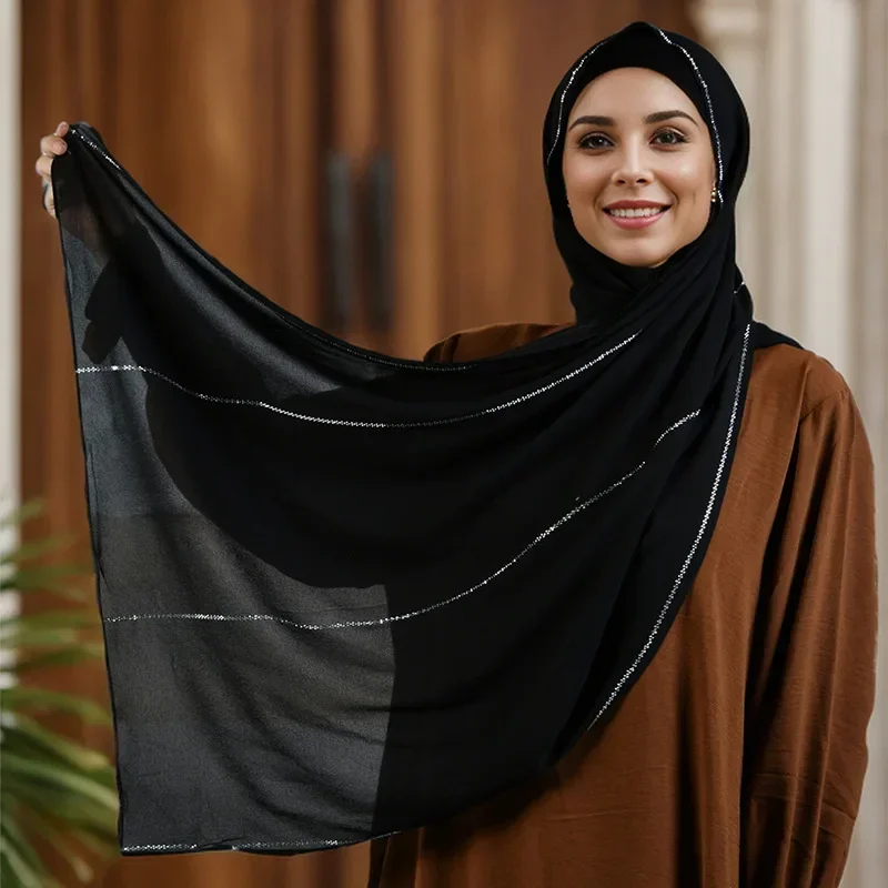 وشاح شيفون أنيق واسع الشريط - شال إسلامي من حجر الراين بلون سادة للنساء