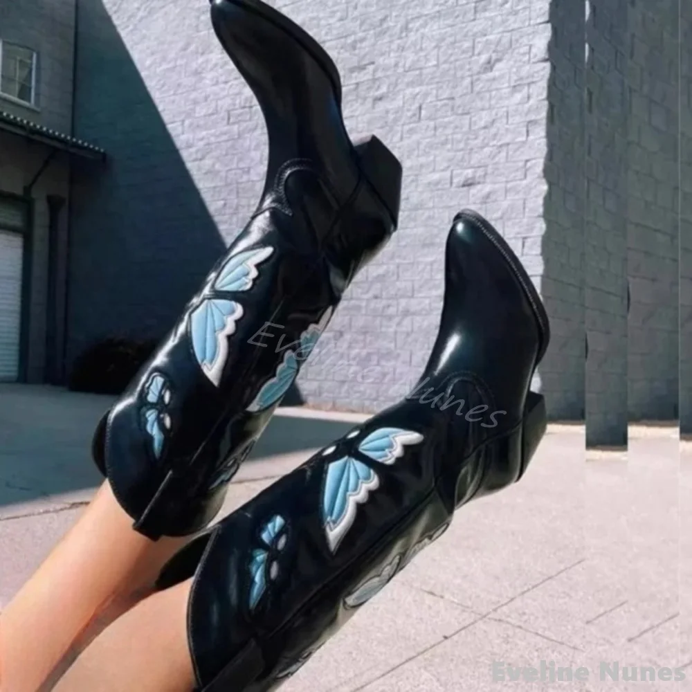 Botas de vaquero del oeste sin cordones con mariposa para mujer, botas hasta la rodilla con punta estrecha y tacón grueso, botas largas de talla grande a la moda