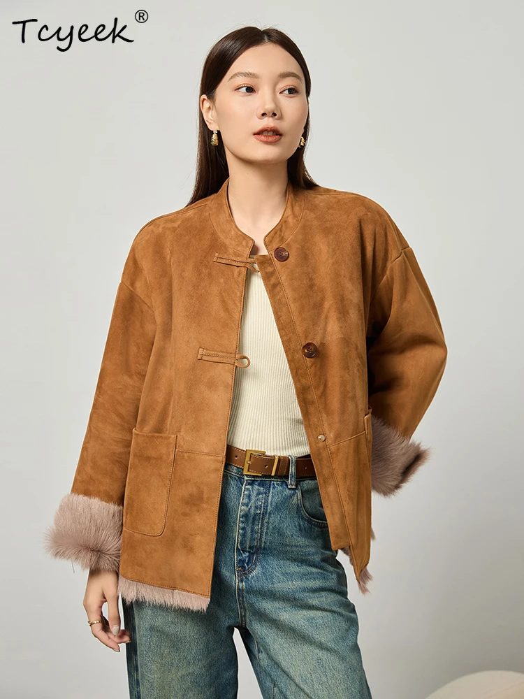 Tcyeek Genuine Wool Autumn Winter High End Trendy Round Necked Maillard Casual Women's Wool Shearing Fur Coat Fourrures Femme