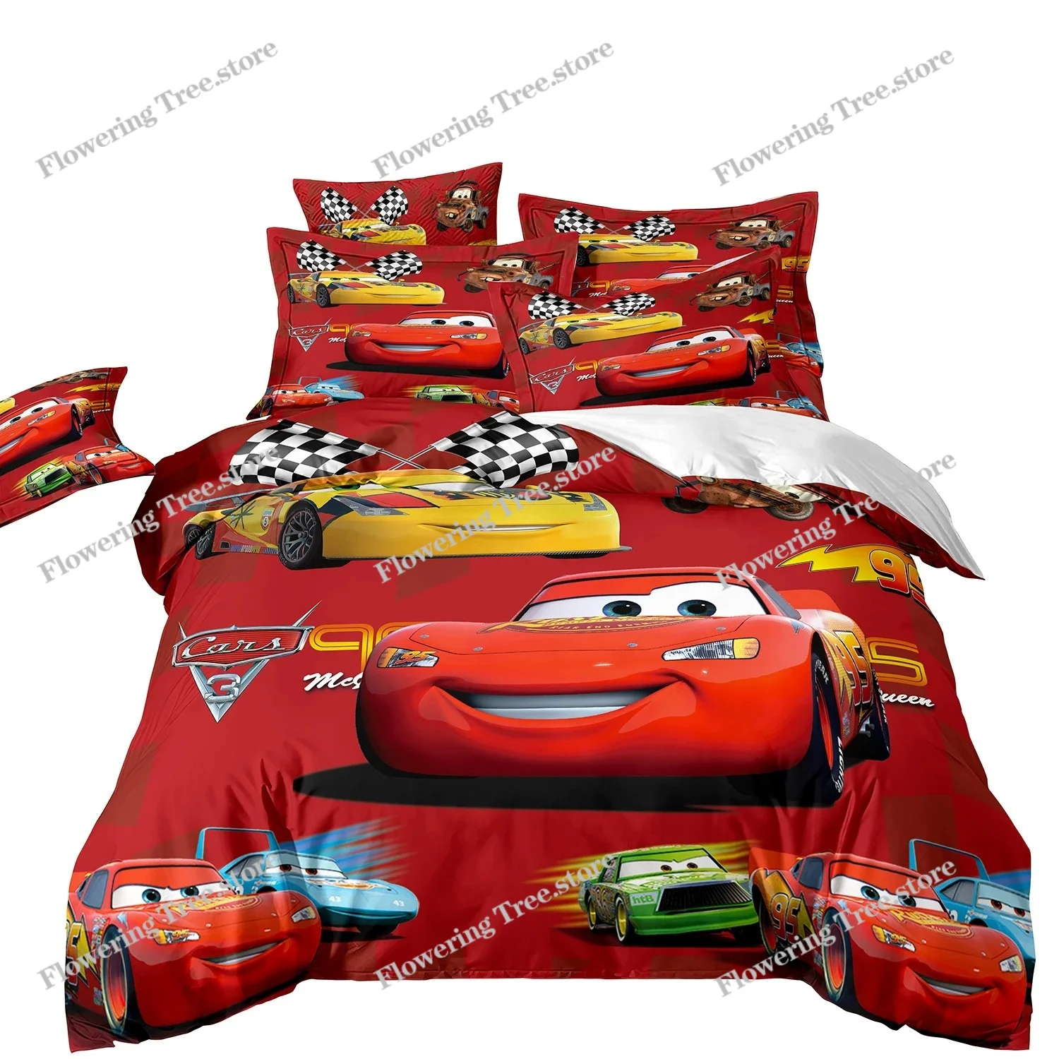 

New Yellow Red Cars Quilt Cover Set,Children Boy Cars Bedding Sets,3D Design Lightning McQueen Duvet Cover and Pillowcases