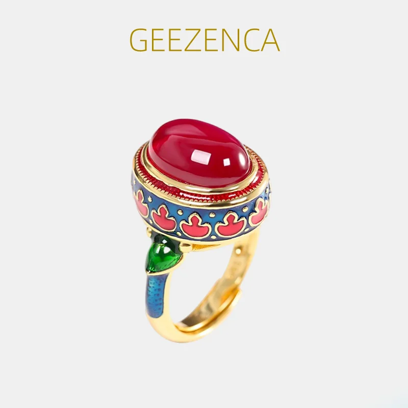 GEEZENCA S925 Silver Gold Plated Red Corundum Enamel Color Women's Ring Cloisonne Vintage Trendy Open Rings Fine Jewel 2021 New