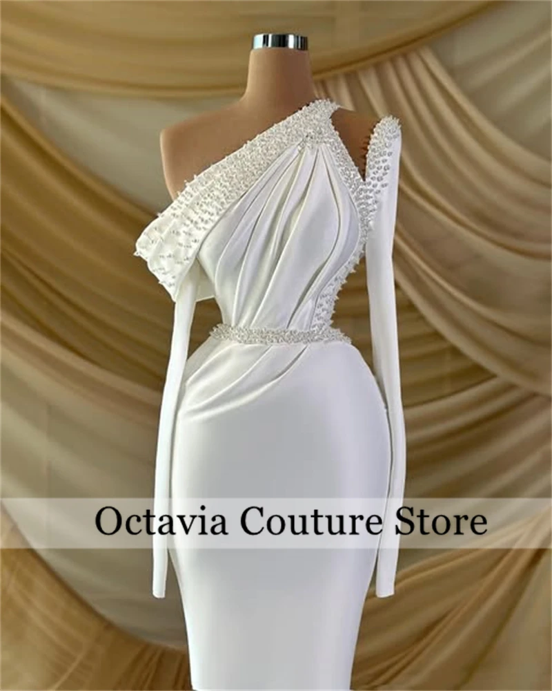 White One Shoulder Wedding Dresses for Woman Pleats Satin Birthday Party Gowns Vestidos De Noche Evening Gown Customized