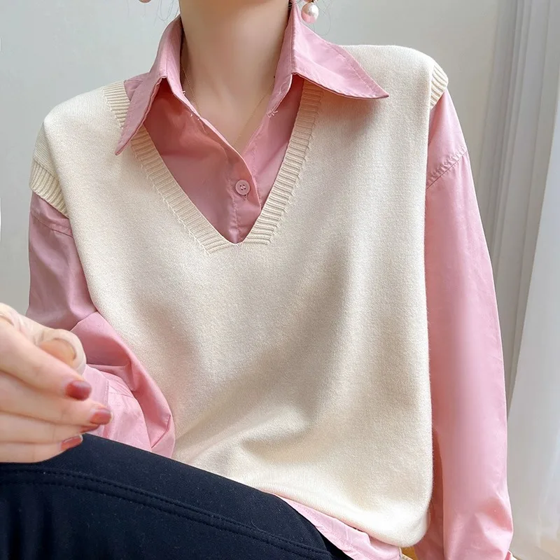 Early Autumn  Women's Knitted Wool Vest Layering Sleeveless Loose Outerwear Sweater Shoulder Pad V-neck Pure Color Commut...