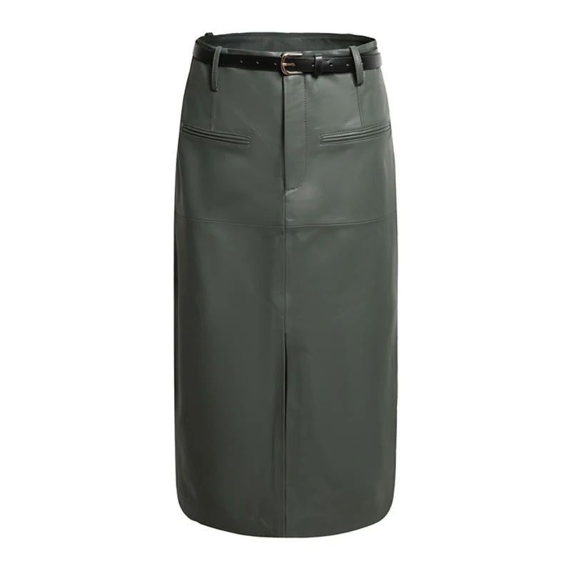 Genuine Leather Skirt for Women Autumn Winter Commuting Style High Waist H-Shaped Front Split Straight Sheepskin Slim Suit Skirt