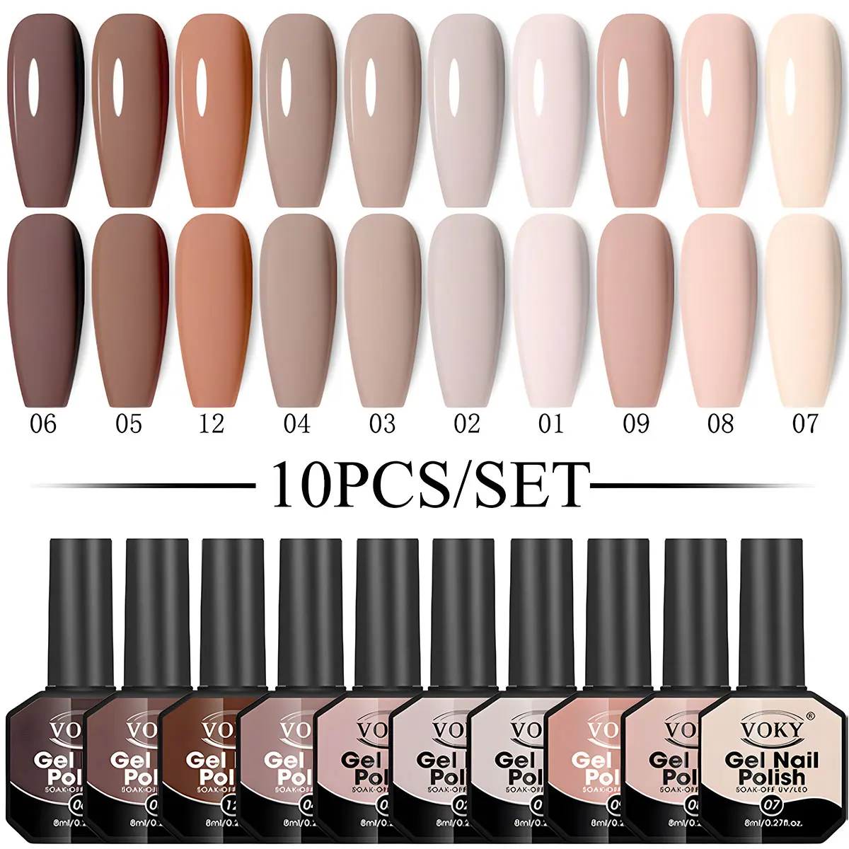 

10PCS VOKY 8ML solid color gel nail polish set, long-lasting, home nail salon DIY or gift for women