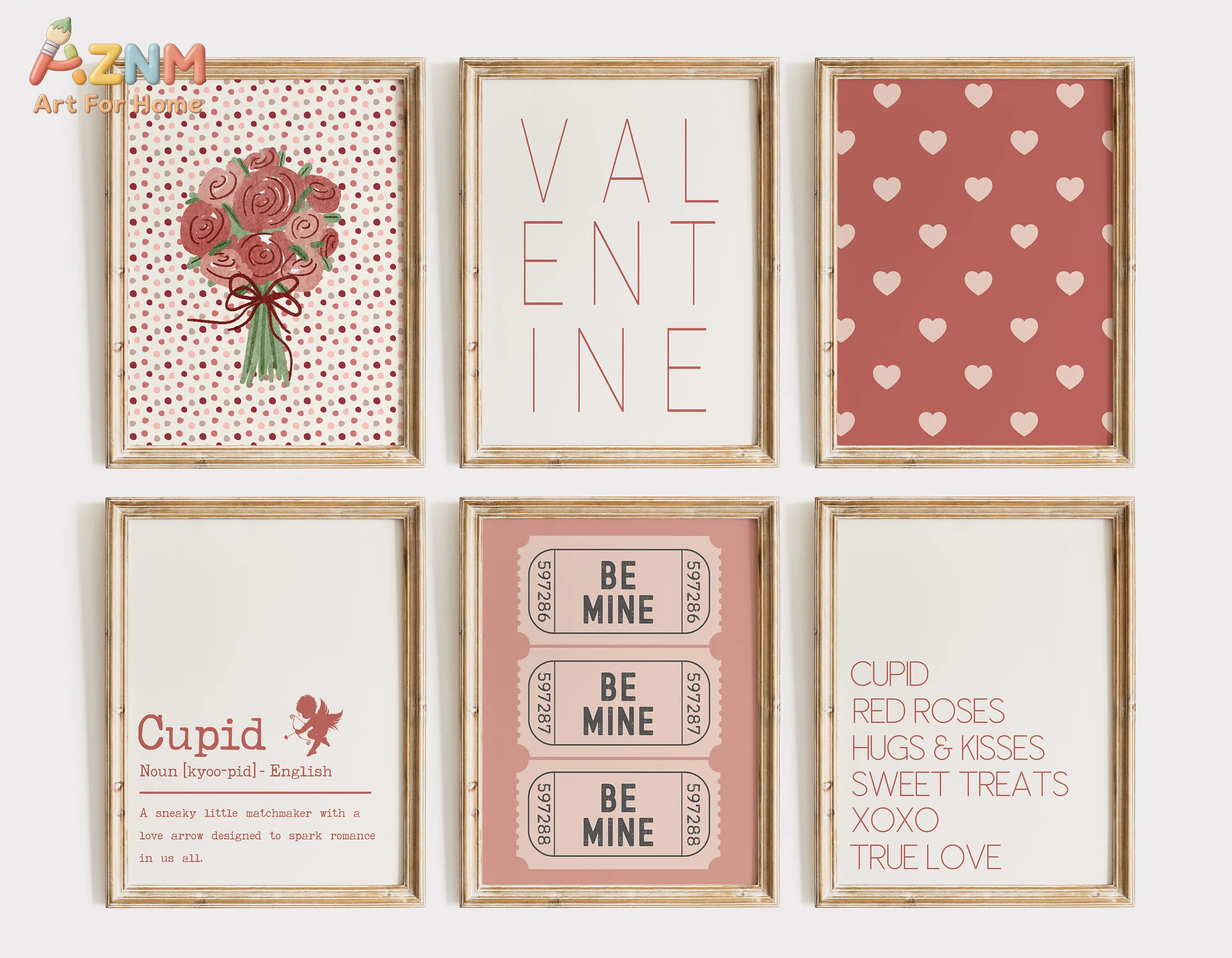AZNM Vintage Valentine Canvas Wall Art Pink Rose Heart Cupid Be Mine Ticket Print Romantic Home Wall Decor Unframed