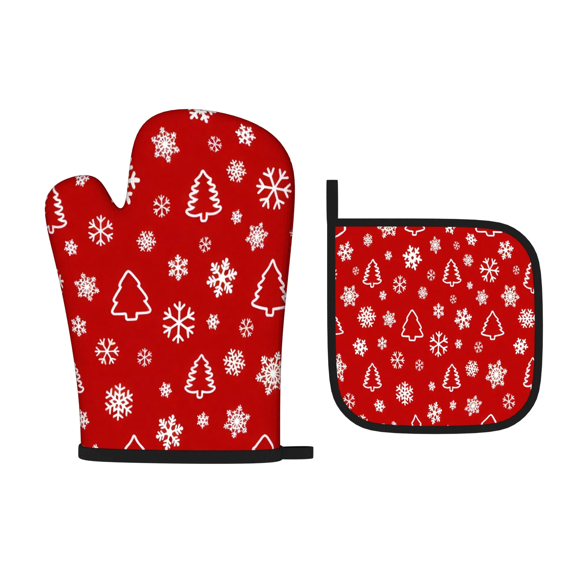 Oven Mitts And Pot Holders Measuring 10.6 by 6.7 Inches, Featuring Christmas Designs in Red And White
