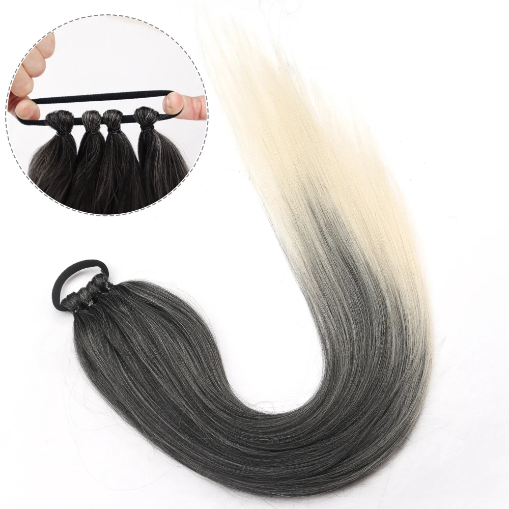 Synthetic Yaki Boxing Braid Ponytail Extensions Wrap Around Ponytail With Rubber Band 26 Inch DIY Ombre Black Brown Grey