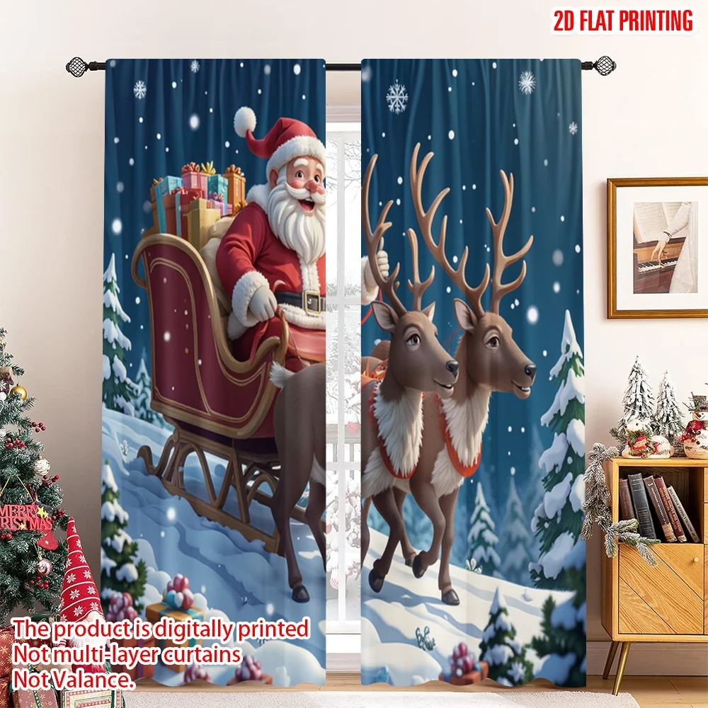 

2pcs 2D flat printing Merry Christmas Popular Party Window Curtains Santa Claus Reindeer Sleigh Gifts Polyester Fabric Without
