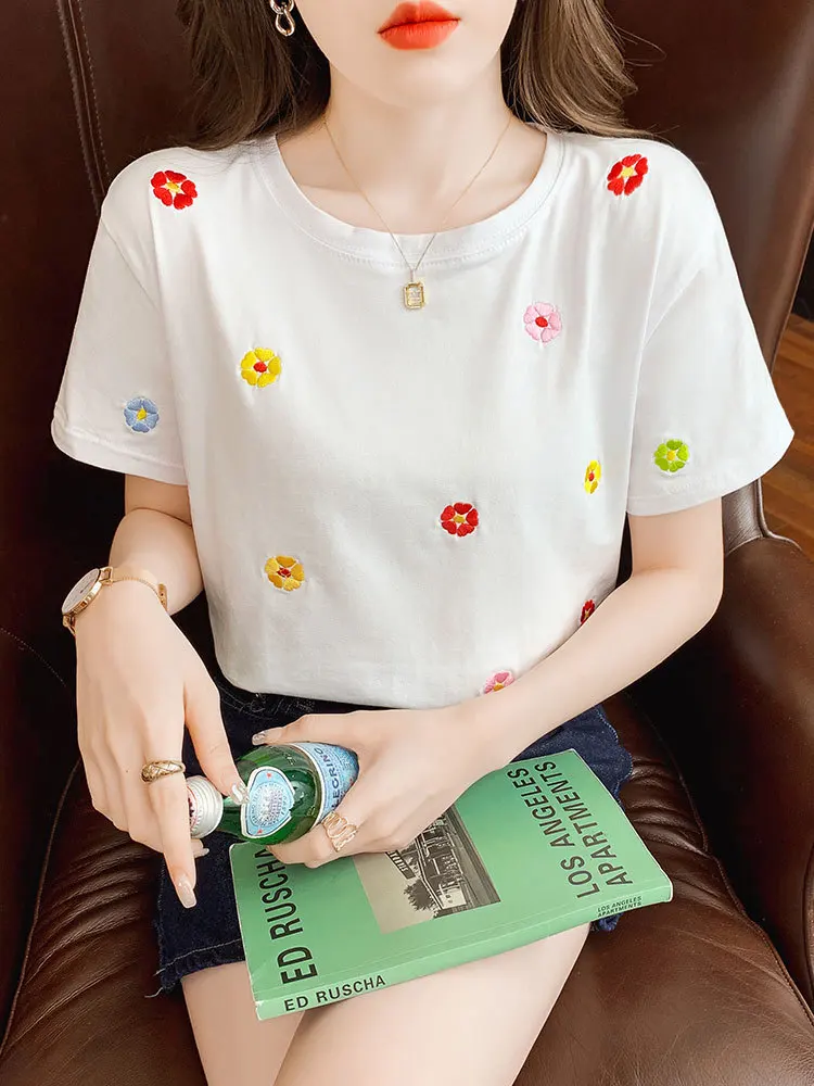 Women Short Sleeve T-shirts Sweet Girls Summer Loose Flower Embroidered Trendy Tops Soft Ulzzang Tees Females 2023