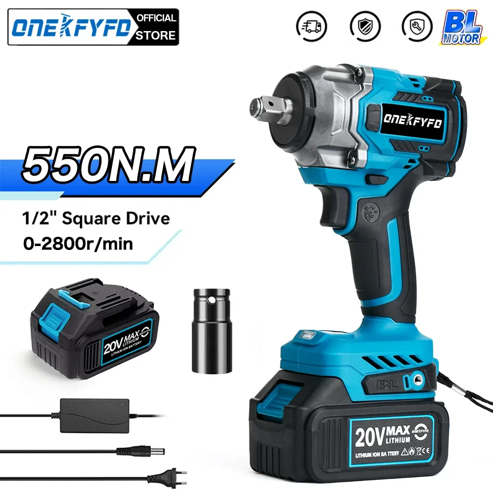 

ONEKFYFD 550N.M High Torque Brushless Electric Impact Wrench Rechargeable 1/2" Power Tools Compatible for Makita 18V Battery