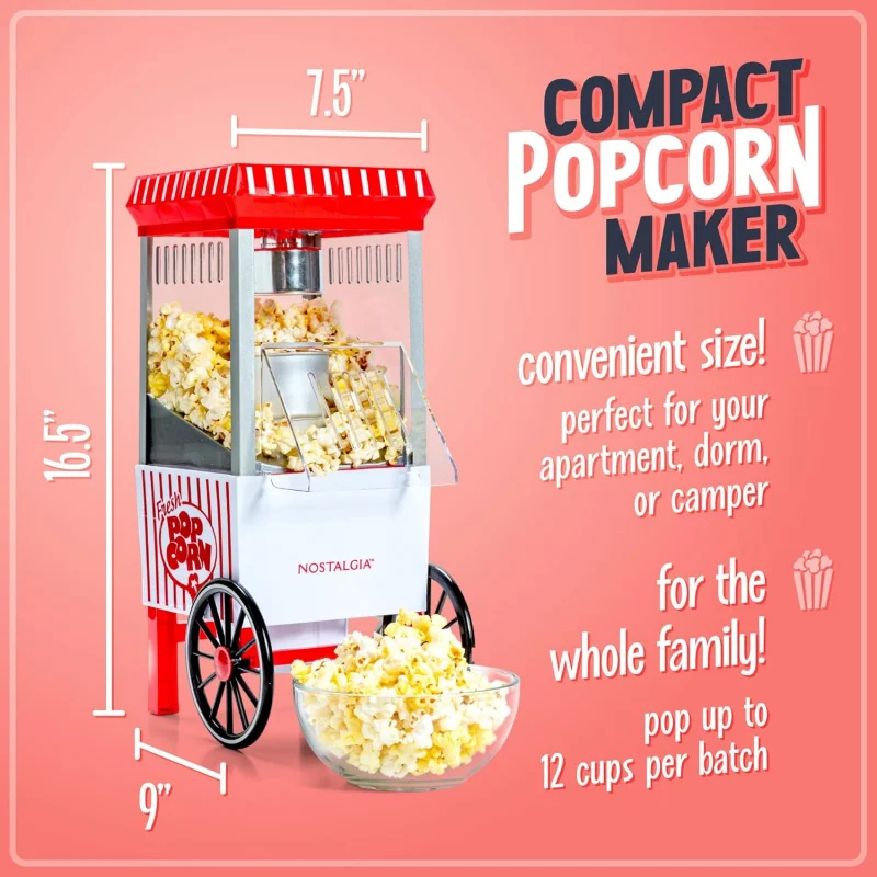 Popcorn Maker, 12 Cups, Hot Air Popcorn Machine with Measuring Cap, Free, Vintage Movie Theater Style, White & Red