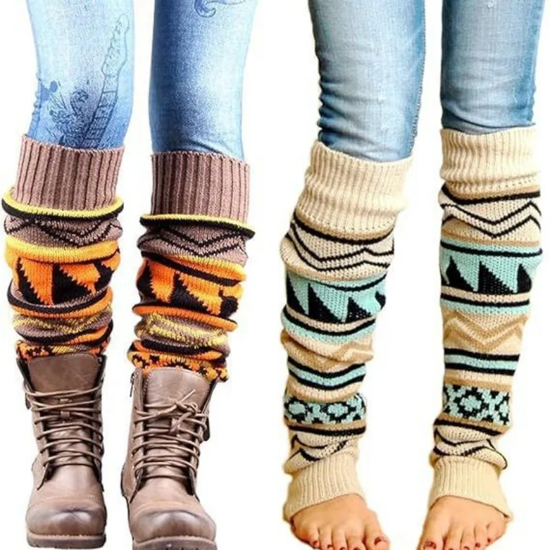 Bohemian Thick Wool Leg Warmers Color Block Knit Mid-Calf Socks for Layering Warm Winter Comfort Set for Cozy Everyday Wear