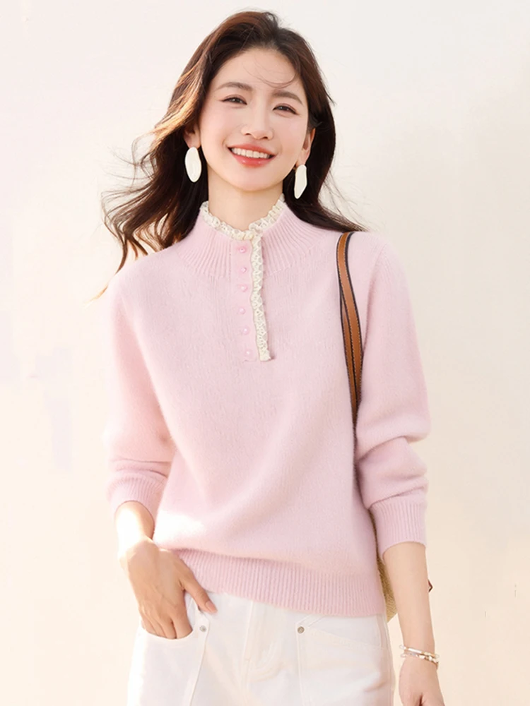 

Повседневный вязаный свитер с длинным рукавом для женщин, осенне-зимний модный облегающий базовый топ с кружевной отделкой, трикотаж для отдыха