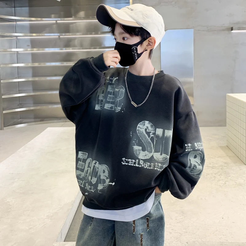 Fashion Boys' Cotton Sweatshirt Tops Autumn Kids Clothes Letter Print Pullover Graffiti Hoodie Children Black Clothing Age 5-14Y