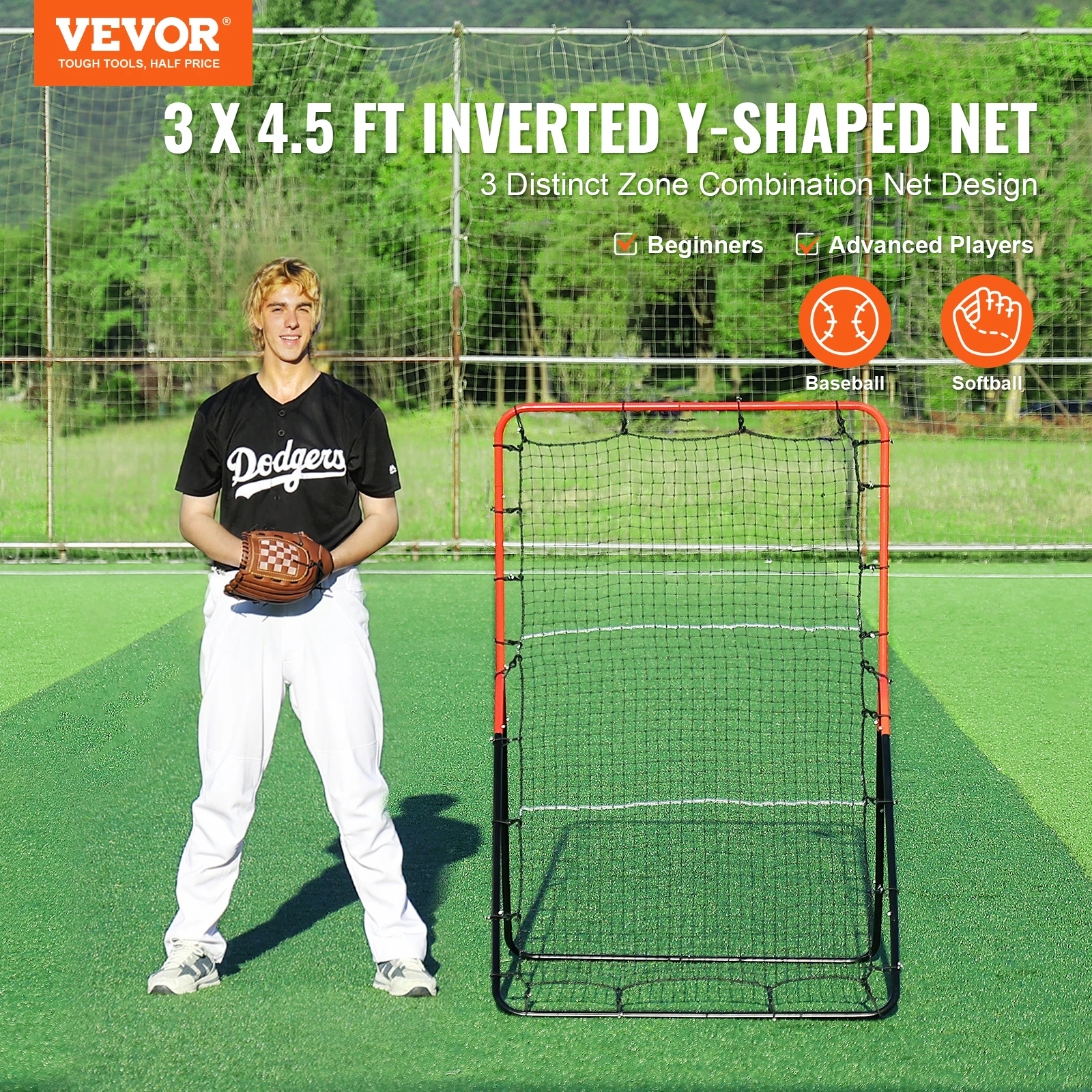 VEVOR Baseball- und Softball-Rebounder-Netz, 3 x 4,5 Fuß PitchBack Baseball Pitching Nest, 3-Wege-Baseball, Softball Pitchback-Netz, Fielding-Trainer, Bounce-Back-Netz für Fielding-/Wurfübungen