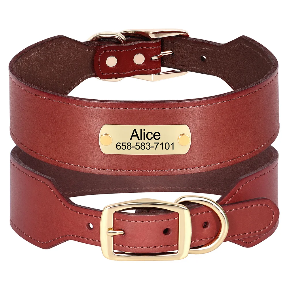 Wide Personalized Genuine Leather Dog Collar Custom Durable Collars for Medium Large Dogs Greyhound WIth Free Engraved Nameplate