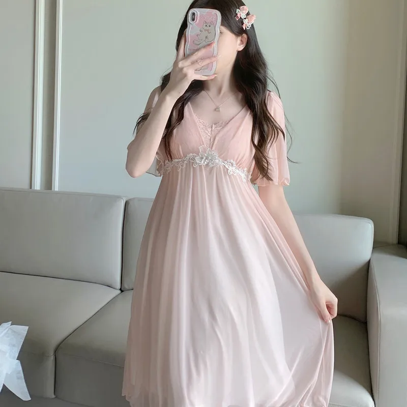 Summer Mesh Lace Sleepwear Gown Female Nightdress Bathrobe Dress Loungewear Elegant French Style Nightgown Sleepshirt Home Wear