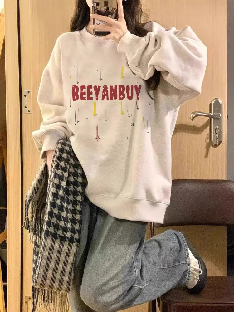 Sweat-shirt en coton de haute qualité pour femme, vêtement de sport amusant, doux, en peluche, vintage, blocage des broderies, col rond rayé, Y2K