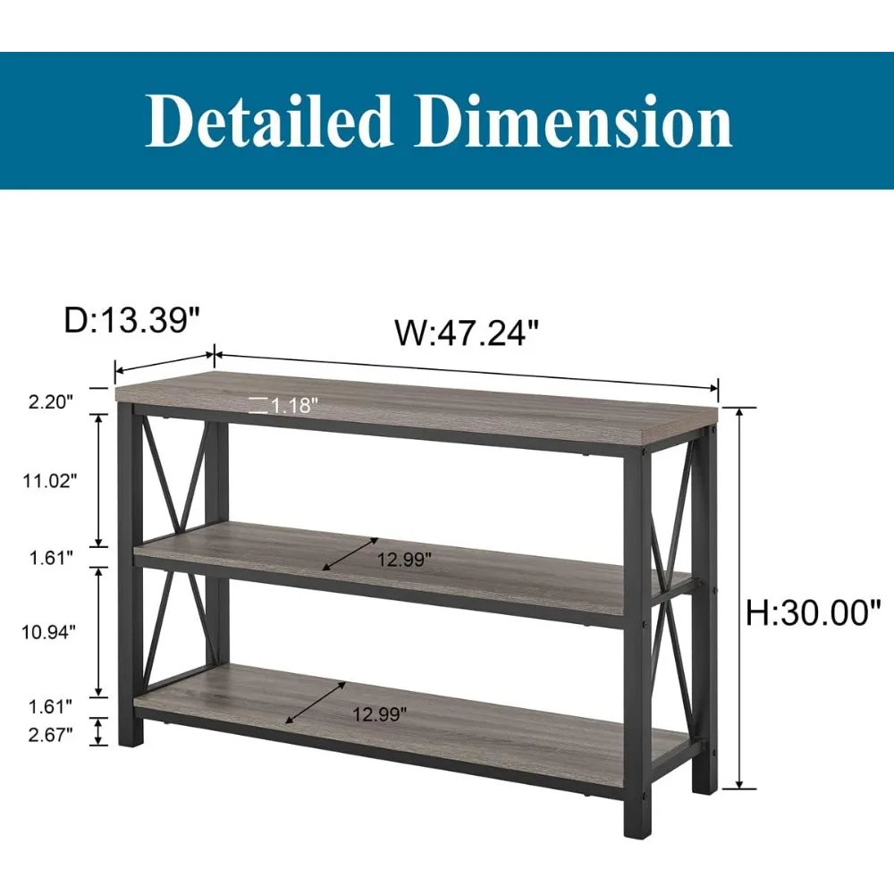 Rustic Sofa Table Behind Couch, Industrial Console Tables for Entryway, 3 Tier Wood Shelves Entry