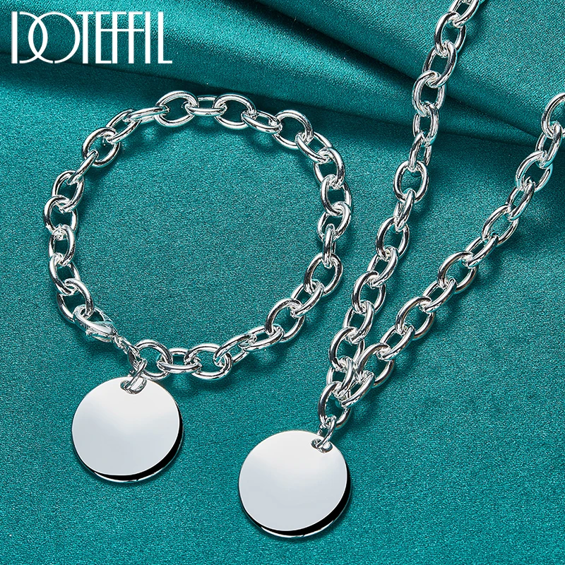 

DOTEFFIL 2pcs 925 Sterling Silver Round Pendant Necklace Bracelet Set For Women Man Wedding Engagement Party Jewelry